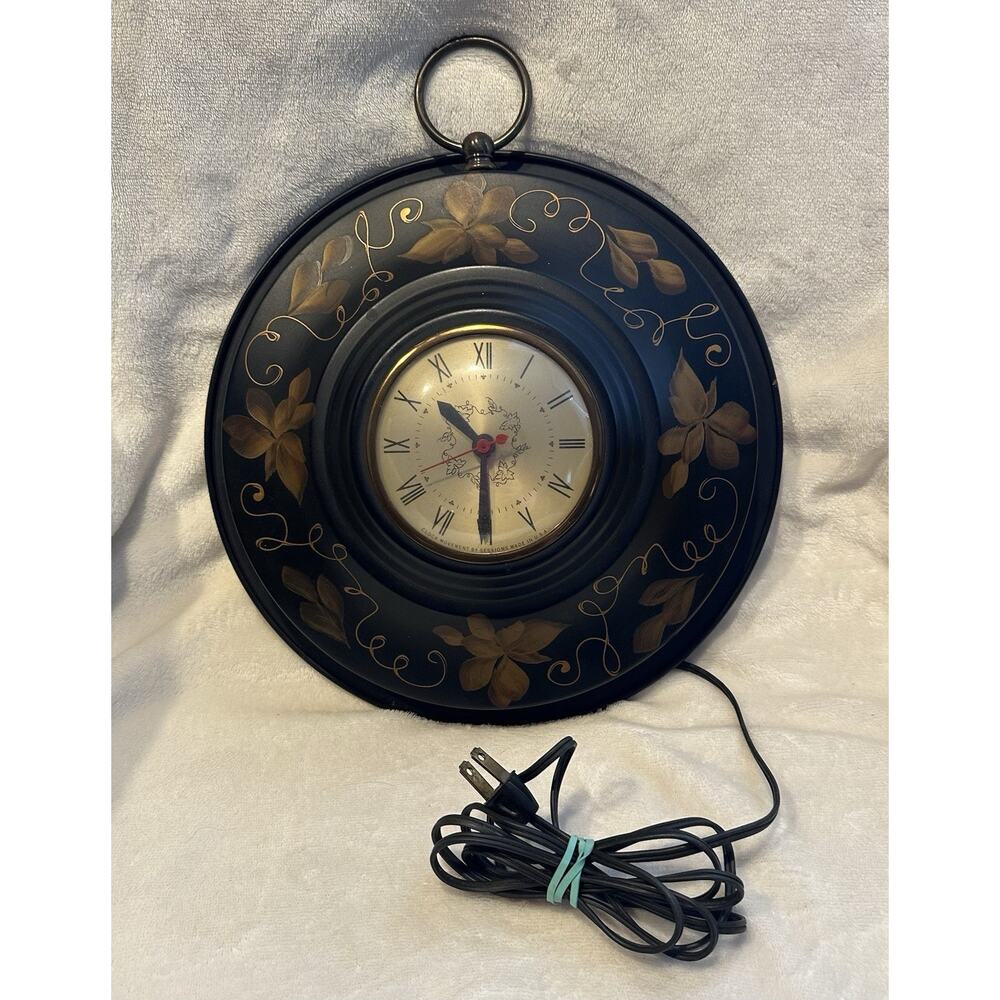 ART DECO Tole Painted Metal Wall Clock Electric Works Great USA Vintage Country